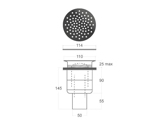 Drain and grid for shower tray - Technical plan Vertical model