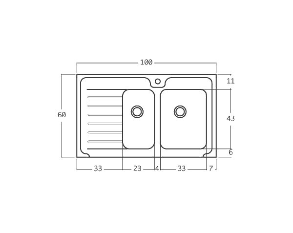Limestone sink 2 bowls - Technical plan 100 cm
