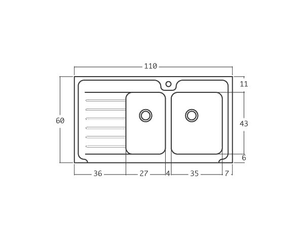 Evier en pierre de Bourgogne Bastide 2 bacs - Schéma technique 110 cm