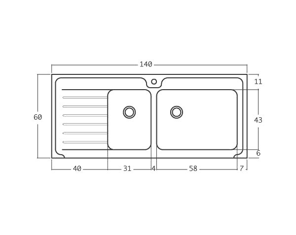Evier en pierre de Bourgogne Bastide 2 bacs - Schéma technique 140 cm