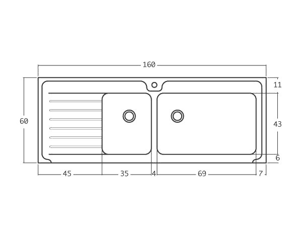 Evier en pierre de Bourgogne Bastide 2 bacs - Schéma technique 160 cm