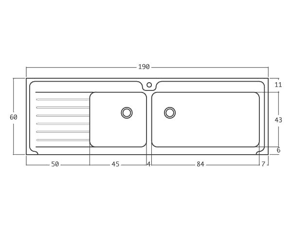 Evier en pierre de Bourgogne Bastide 2 bacs - Schéma technique 190 cm
