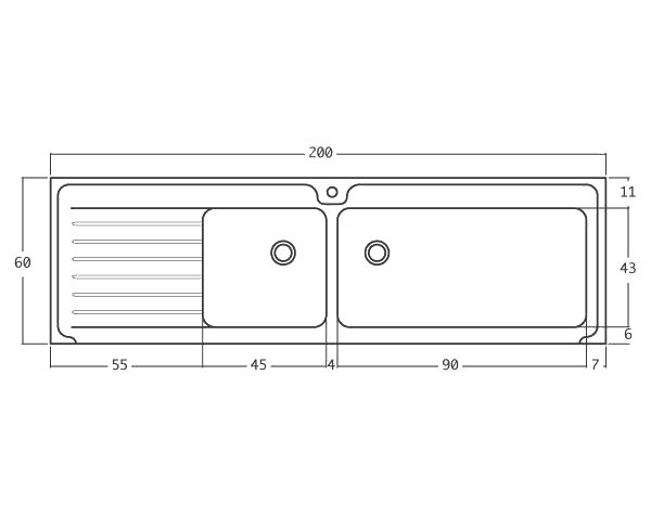 Evier en pierre de Bourgogne Bastide 2 bacs - Schéma technique 200 cm