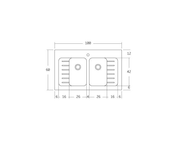 Double bowls kitchen sink - Technical plan 100 cm