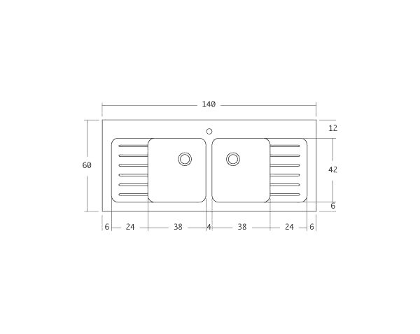 Double bowls kitchen sink - Technical plan 140 cm
