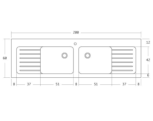 Evier en pierre 2 bacs - Schéma technique 200 cm