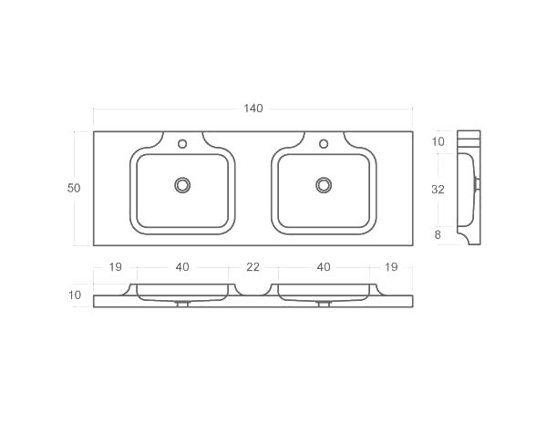 Double basin stone sink - Technical plan 140 cm.