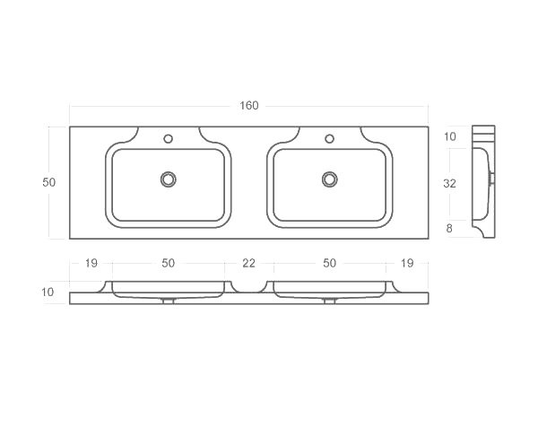 Double basin stone sink - Technical plan 160 cm.