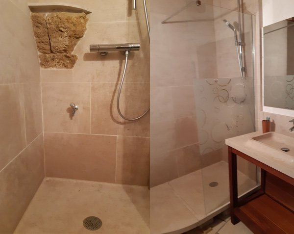Wall cladding, shower tray, and Oppio basin in Burgundy limestone Lanvignes Golden-Yellow Aged and Charmot Light Honed Wall cladding, shower tray, and Oppio basin in Burgundy limestone Lanvignes Golden-Yellow Aged and Charmot Light Honed
