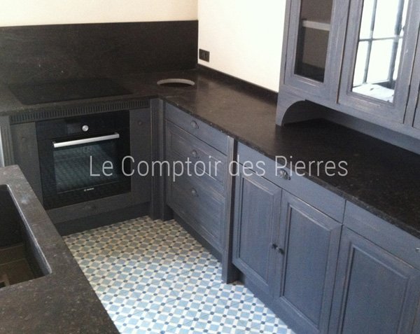 Kitchen countertop in Belgian Blue stone, honed finish Kitchen countertop in Belgian Blue stone, honed finish