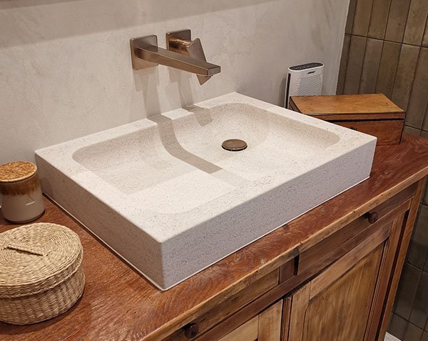 Stone Basin with Wooden Cabinet - Charmot Light Honed
