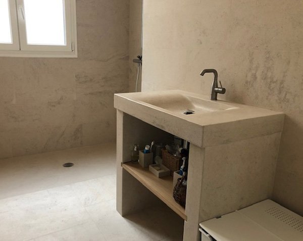 Flooring, Wall Cladding, Shower Tray, and Washbasin Goult in Burgundy Limestone Charmot Light Honed Finish