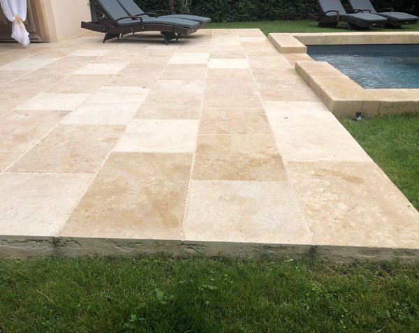 Burgundy Limestone Shades Paving. 50 cm Bands x Random Lengths. Monastery Finish