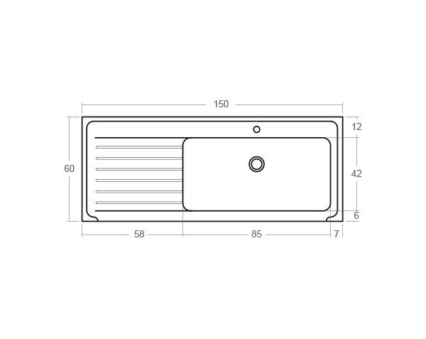 Stone sink 1 bowl - Technical plan 150 cm