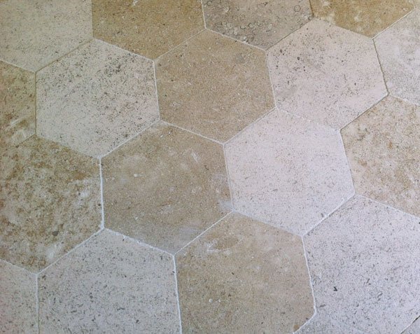 Hexagonal Tiles in Burgundy Limestone, Honed Finish
