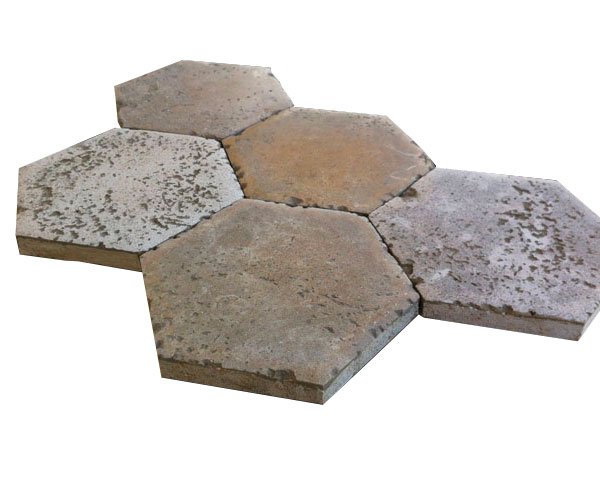 Hexagonal Tiles in Burgundy Stone, Old Slab Finish with Patina