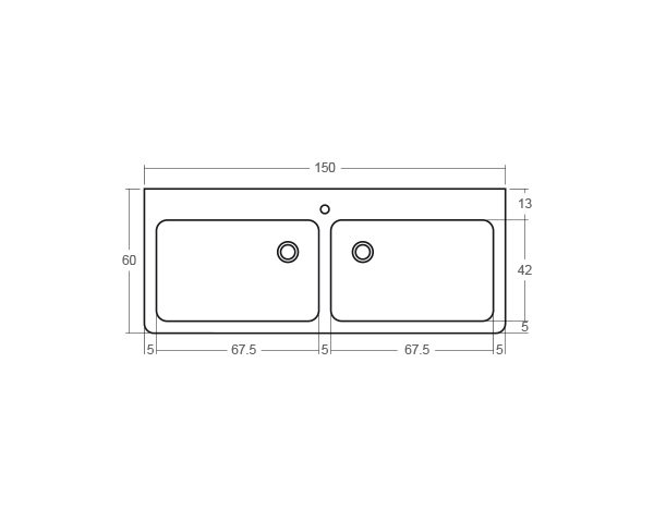 Solid limestone sink with 2 bowls - Technical plan 150 cm