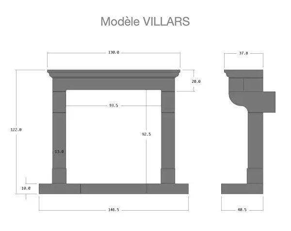 VILLARS fireplace - Technical plan 146.5 x 122 x 40.5 cm