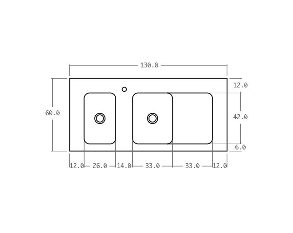 Solid sink in limestone 2 bowls - Technical plan 130 cm