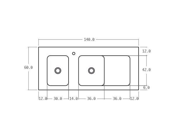 Solid sink in limestone 2 bowls - Technical plan 140 cm
