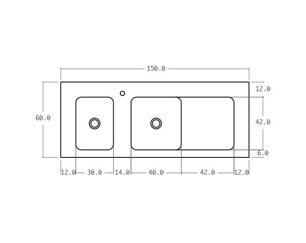 Solid sink in limestone 2 bowls - Technical plan 150 cm