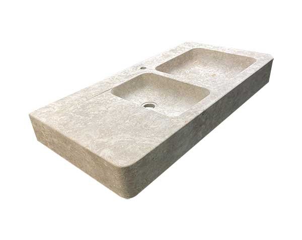 Double-basin sink with drainer on the left, no grooves - Lanvignes Golden-Yellow Aged Limestone