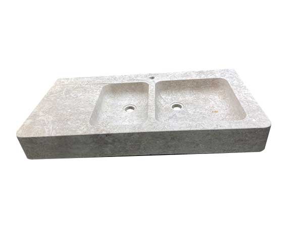 Double-basin sink with drainer on the left, no grooves - Lanvignes Golden-Yellow Aged Limestone