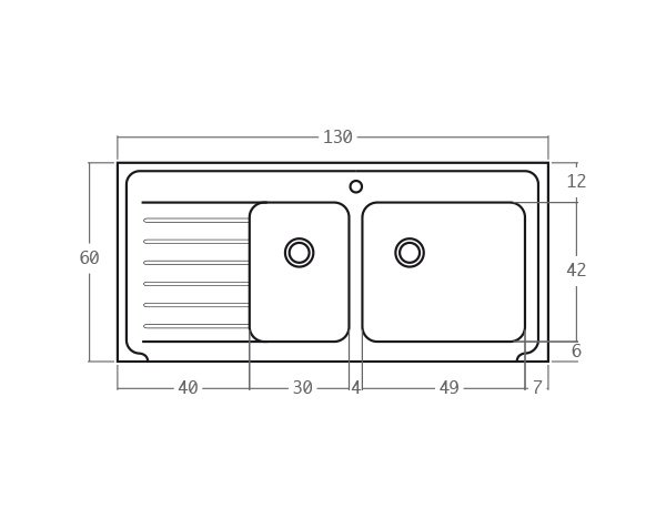 Stone sink with 2 basins - Technical plan 130 cm