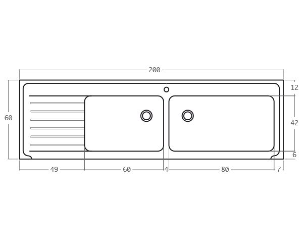 Evier en pierre 2 cuves - Schéma technique 200 cm