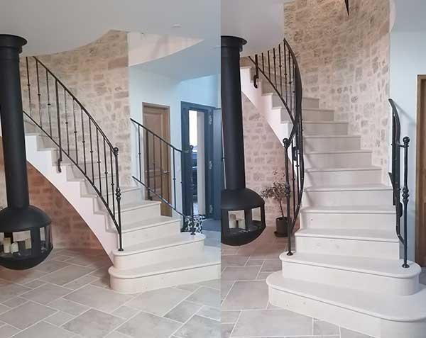 Cladded staircase with winder steps and custom risers - Massangis Beige Light Honed