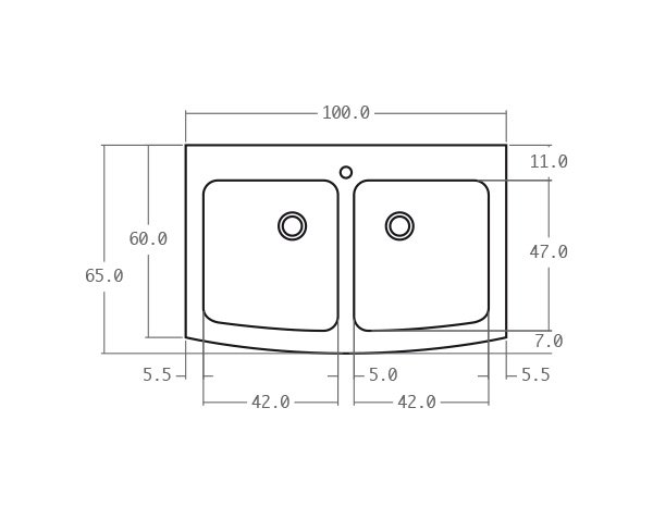 Sink in limestone 2 bowls - Technical plan 100 cm