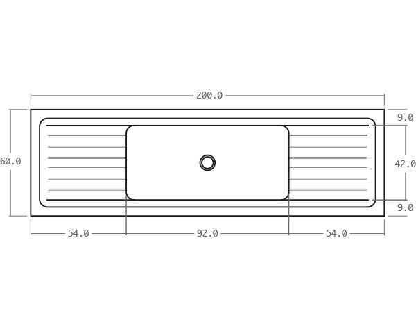 Solid limestone sink - Technical plan 200 cm