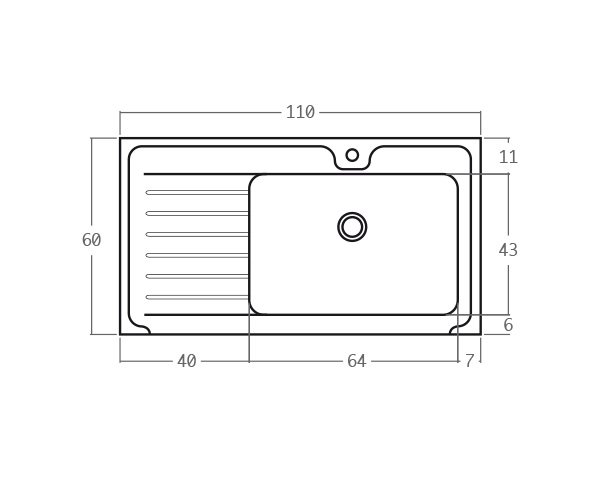 Evier en pierre de Bourgogne Bastide 1 bac - Schéma technique 110 cm
