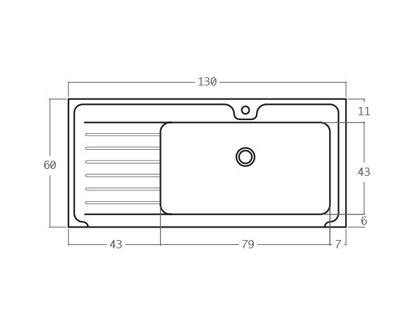 Burgundy limestone One bowl sink - Technical plan 130 cm