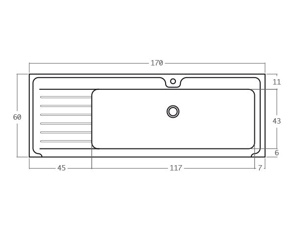 Burgundy limestone One bowl sink - Technical plan 170 cm