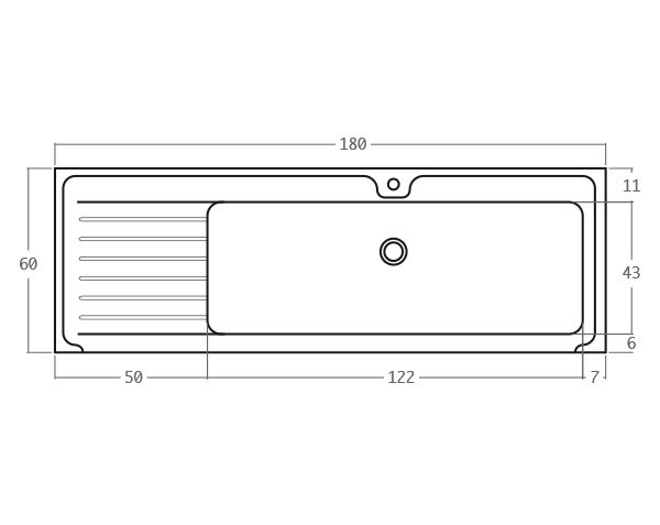 Burgundy limestone One bowl sink - Technical plan 180 cm