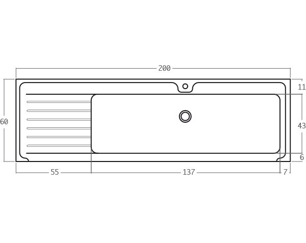Burgundy limestone One bowl sink - Technical plan 200 cm