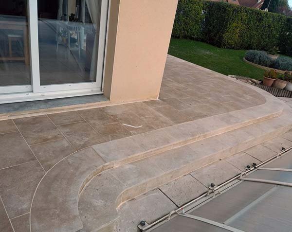 Exterior staircase with facing in Burgundy limestone
