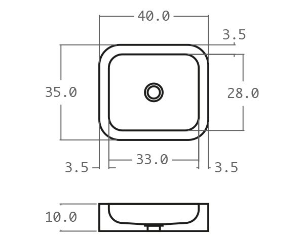 Raw stone basin with rounded edges - Technical plan 40 cm