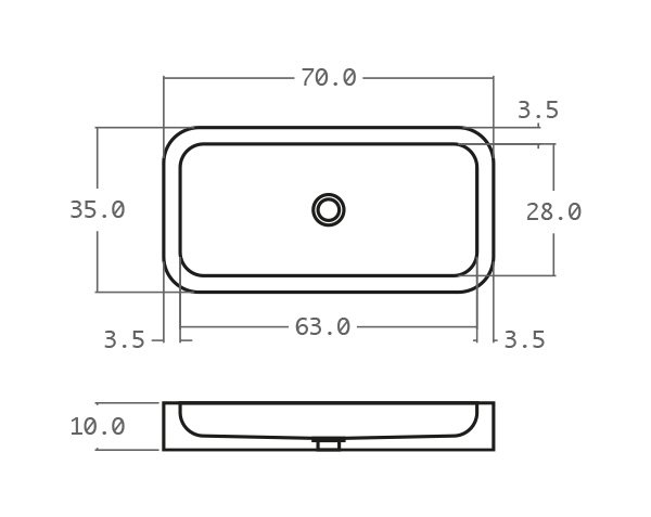 Raw stone basin with rounded edges - Technical plan 70 cm