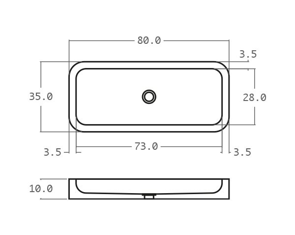 Raw stone basin with rounded edges - Technical plan 80 cm