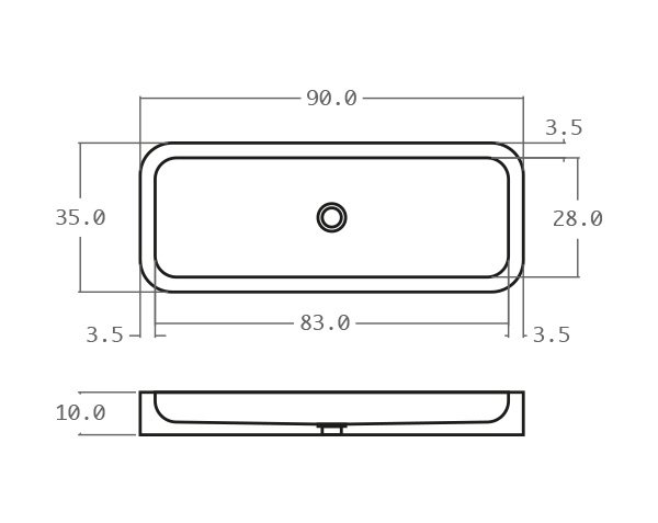 Raw stone basin with rounded edges - Technical plan 90 cm