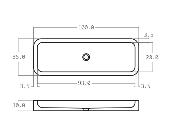 Raw stone basin with rounded edges - Technical plan 100 cm