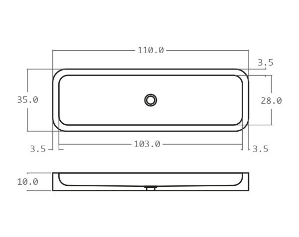 Raw stone basin with rounded edges - Technical plan 110 cm