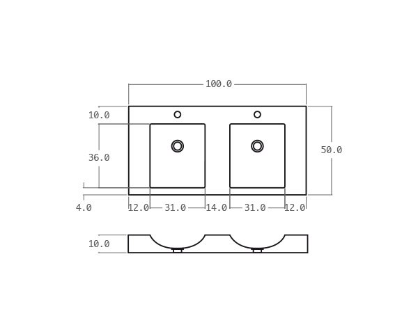 Double bowls washbasin in limestone - Technical plan 100 cm