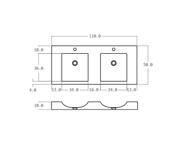 Double bowls washbasin in limestone - Technical plan 110 cm