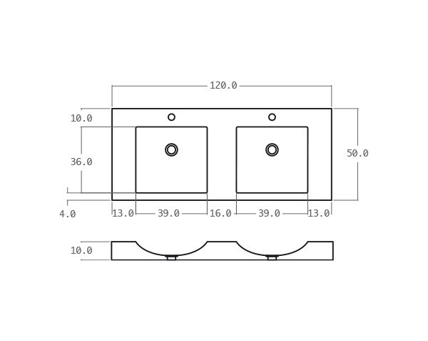 Double bowls washbasin in limestone - Technical plan 120 cm