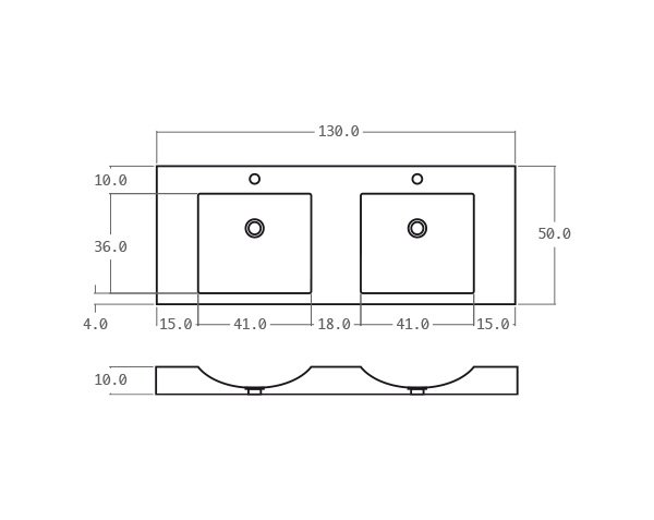 Double bowls washbasin in limestone - Technical plan 130 cm