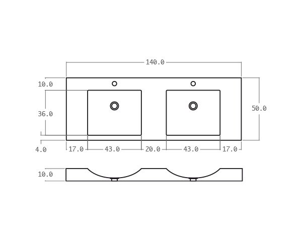 Double bowls washbasin in limestone - Technical plan 140 cm