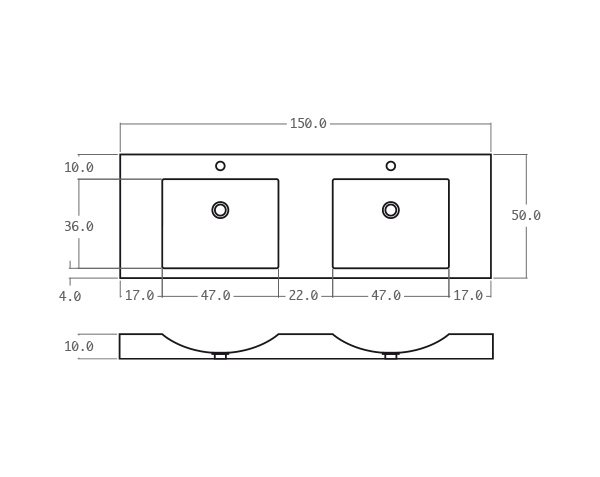 Double bowls washbasin in limestone - Technical plan 150 cm